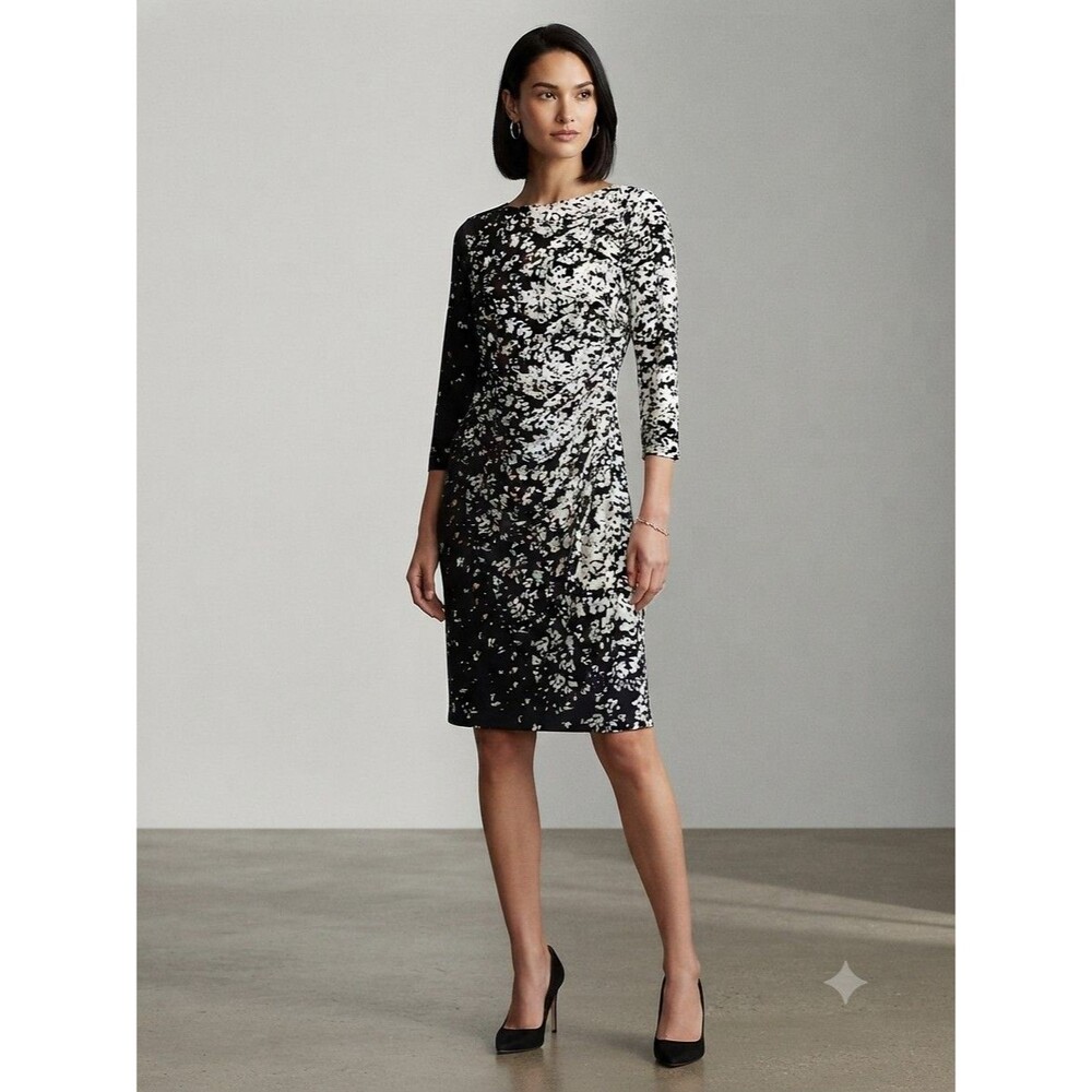 LAUREN RALPH LAUREN Black and White Abstract Dress With Ruched Side